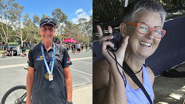 A picture showing Pete with a medal on the left and Alex with a stopwatch on the right