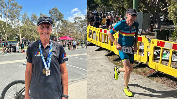 Side by side image showing Pete with a medal on the left and competing in a triathlon on the right