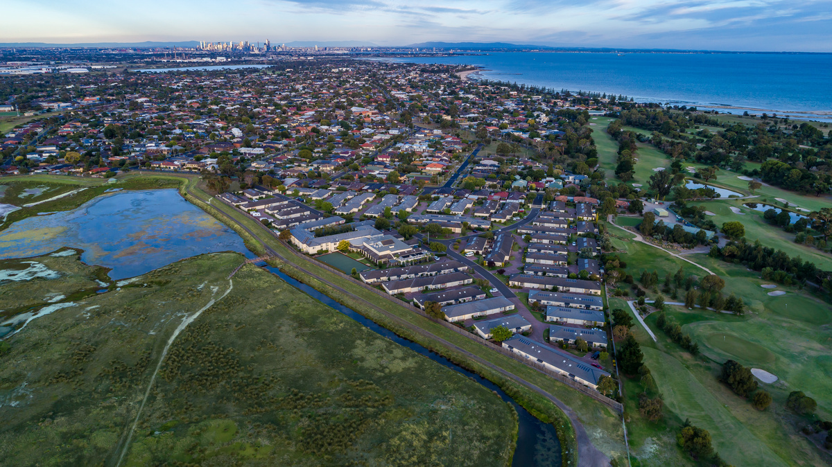 Port Phillip Village aerial image of main building, parking and nearby wetlands and coastline