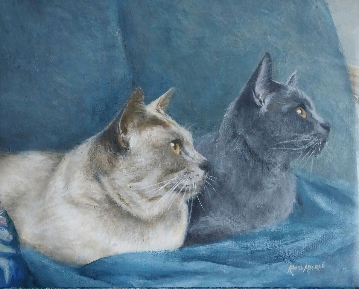 Two Burmese cats in a painting done by Elliot Gardens resident