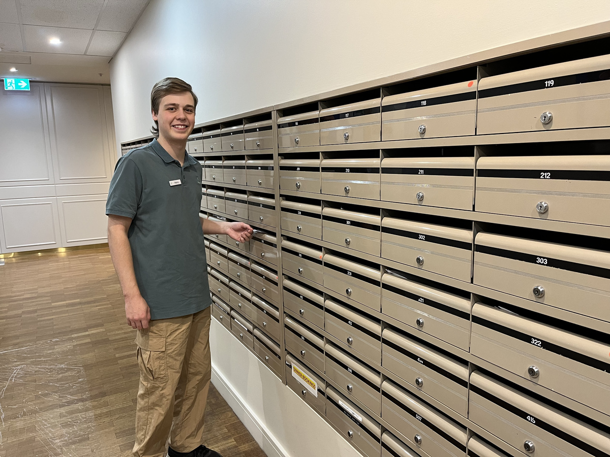 Harry doing one of his daily jobs - delivering mail.