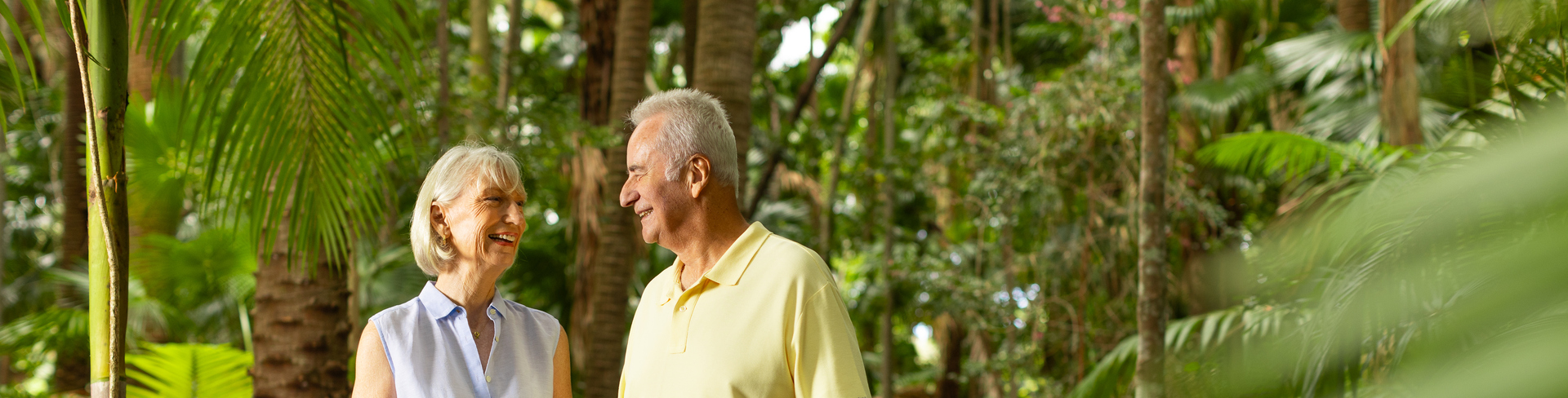 A retired couple holding hands in a lush forest