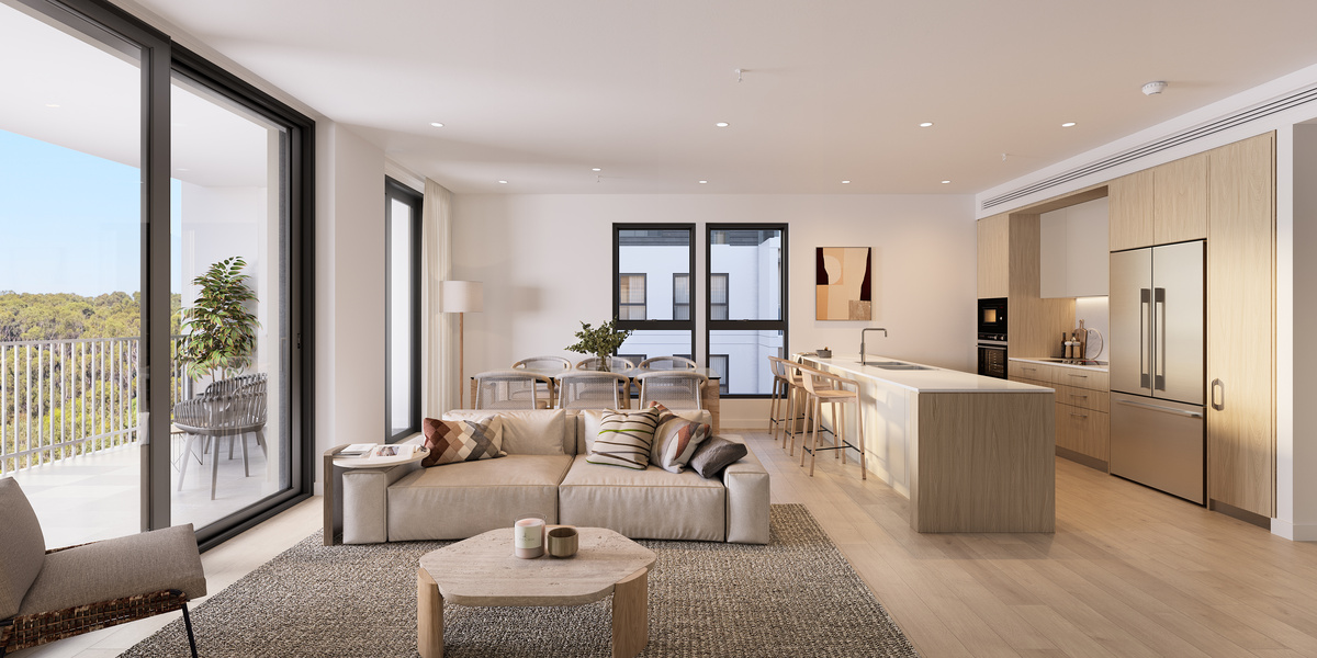The open plan living area of an apartment