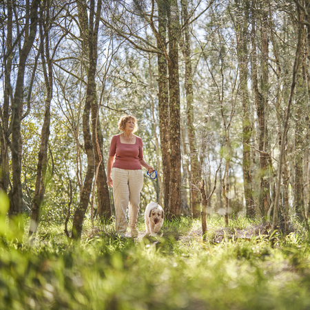 An elderly woman walking her dog through the beautiful scenery of the Central Coast