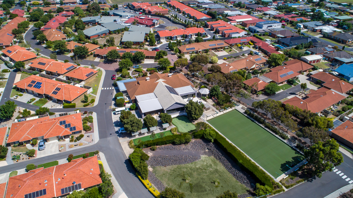 Windsor Park aerial image of outside buildings, bowling green, solar panels on rooves