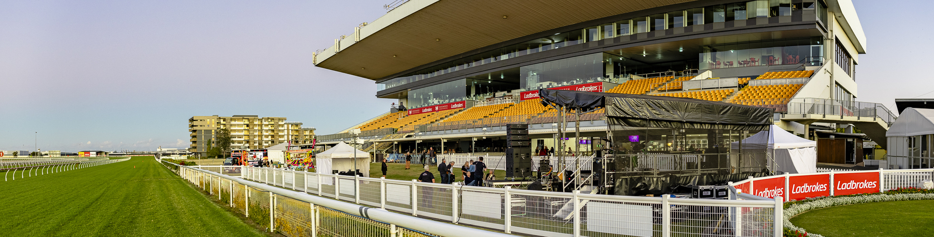 The Doomben racecourse next to Bernborough Ascot setting up a stage for a concert