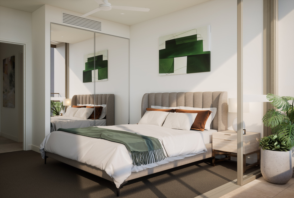 A bedroom with green accents