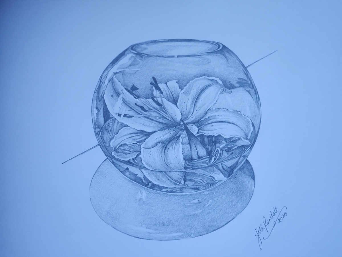 a painting of  flower in a glass bowl