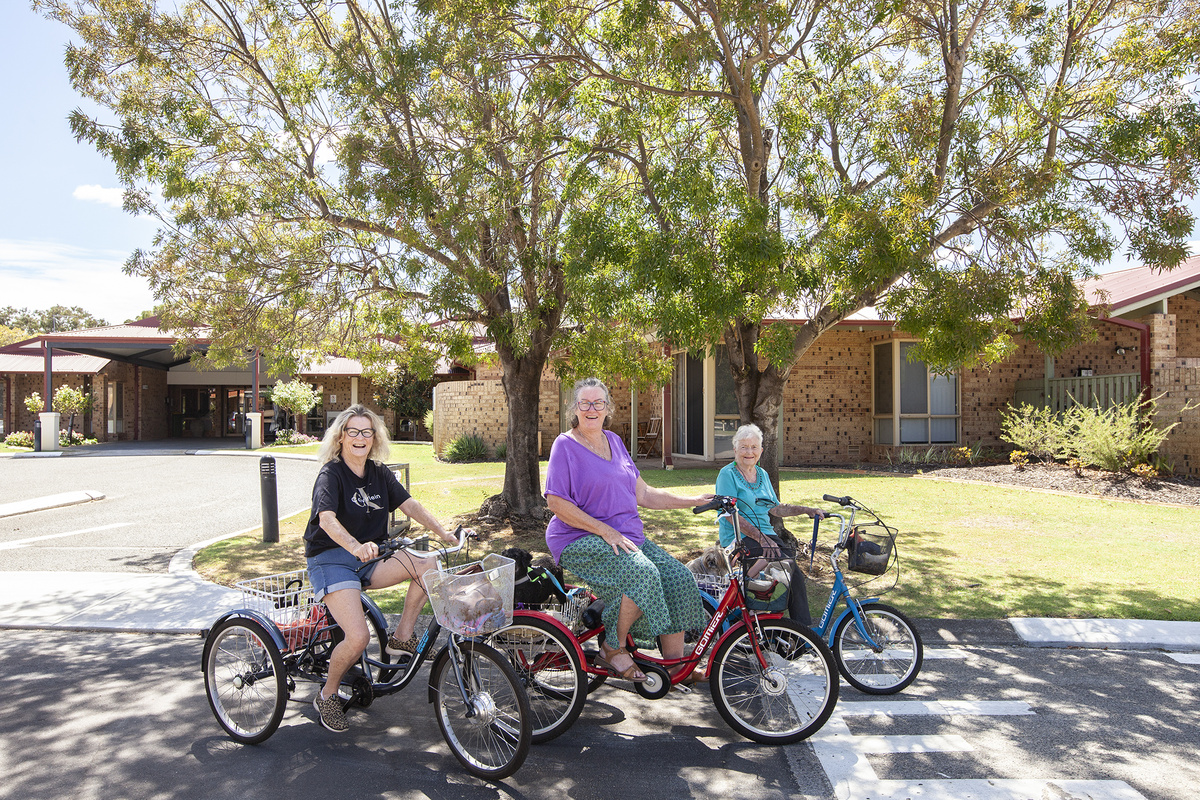 Maggie, Winnie and Ann on their trikes and posing for the camera under the tree on a sunny day