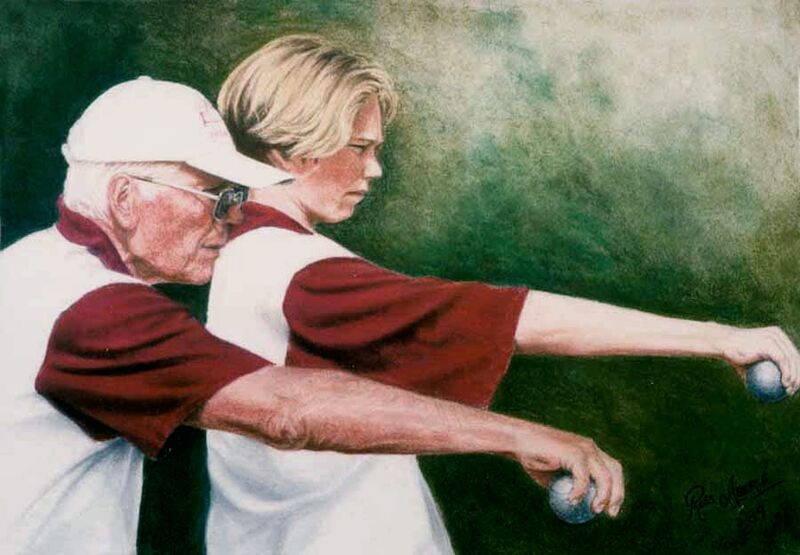 A Painting of Two players ready to play Petanque done by Elliot Garden resident Ross
