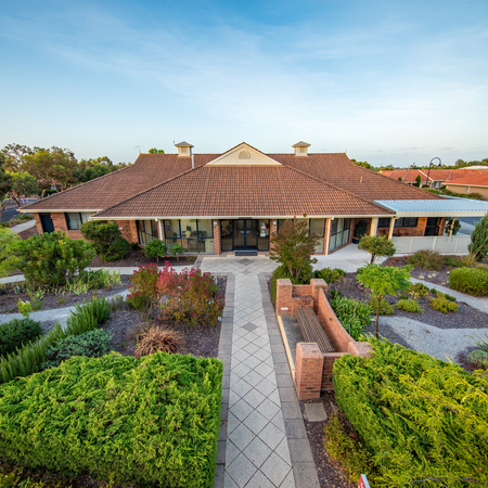 Windsor Park aerial image of landscaping and main entrance to building