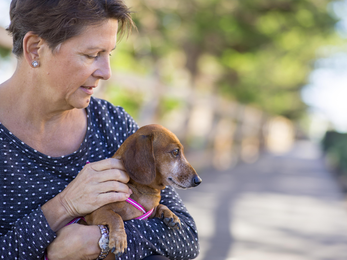 Woman patting her dog on the boardwalk by the ocean