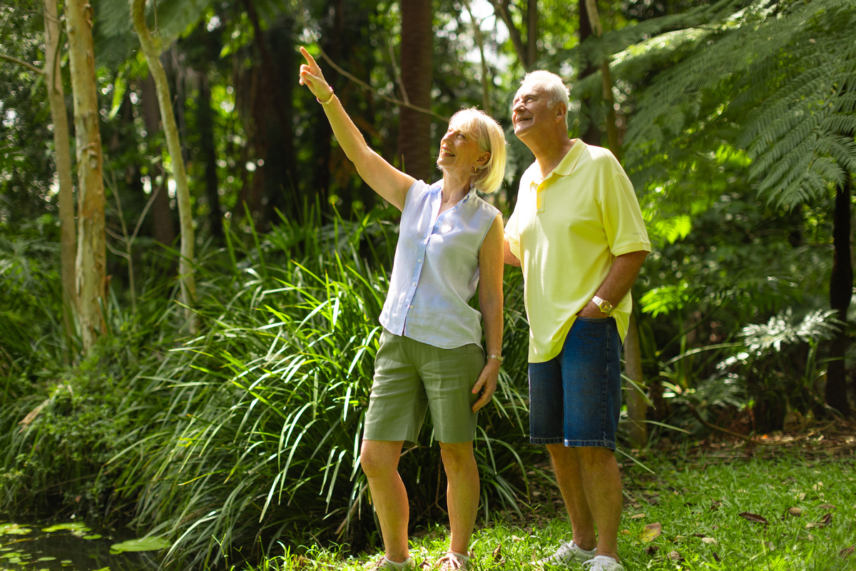 A couple in summer clothes looking up and smiling surrounded by greenery