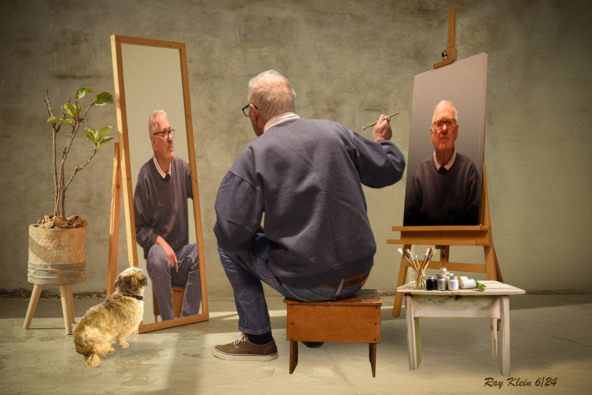 dog, Duke, is supervising the painting process to make sure the painted image and the reflection in the mirror are true.