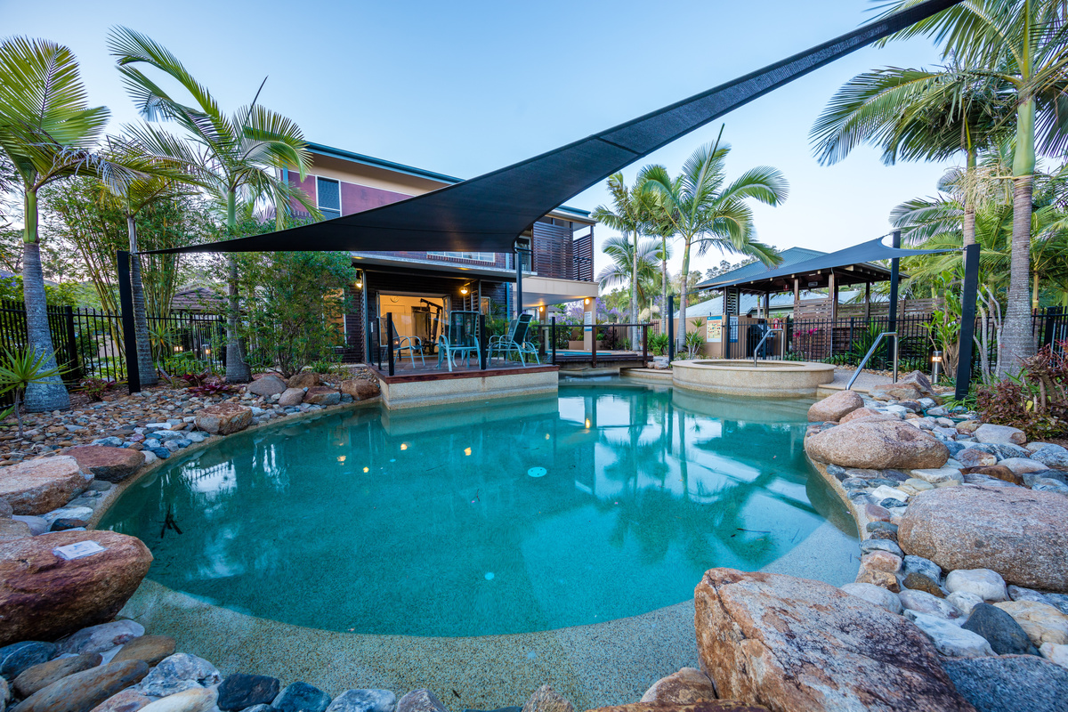 The Terraces Village outdoor pool with an amazing jacuzzi at night