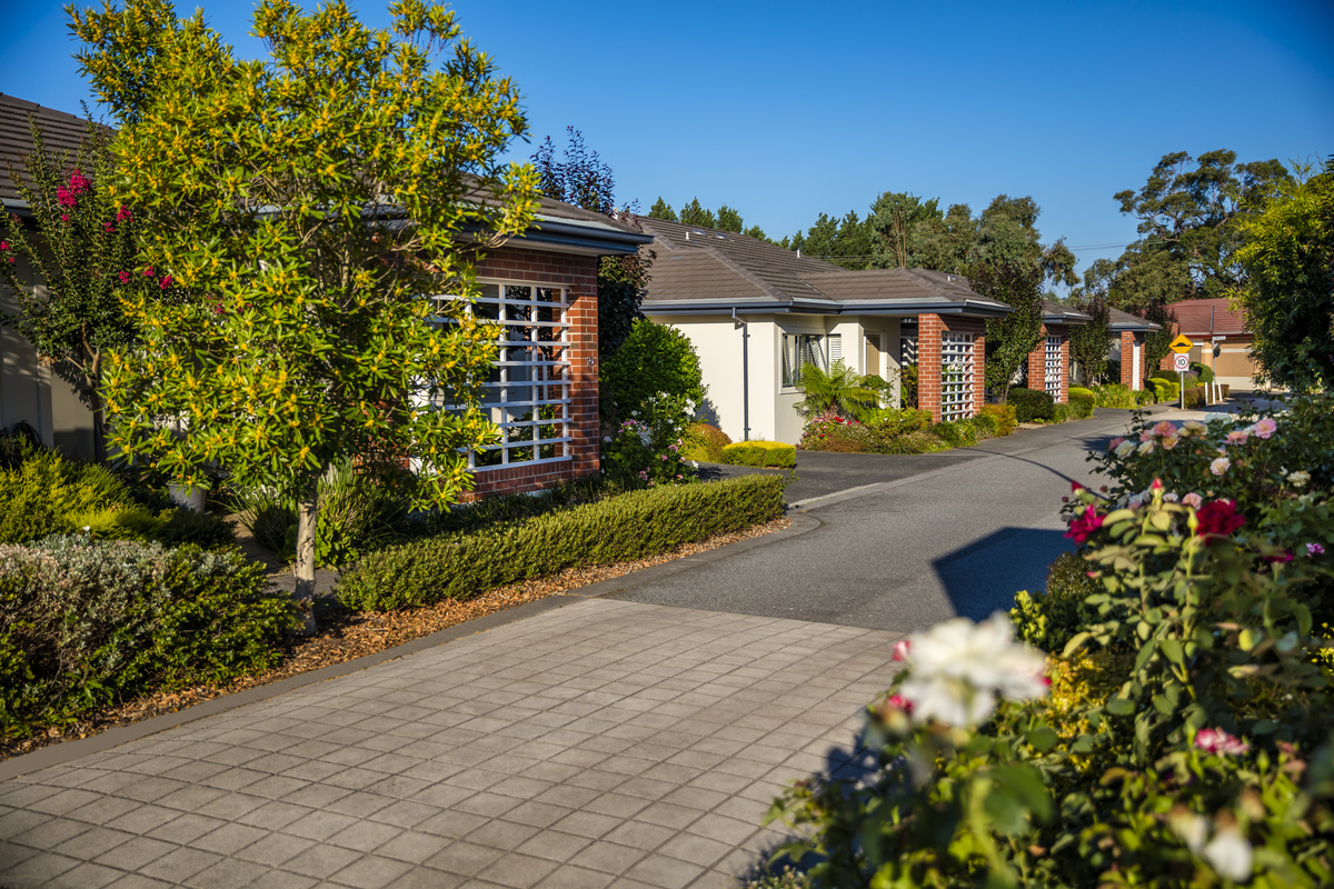 Waverley Country Club village roadway lined with homes, trees, gardens and lamp posts
