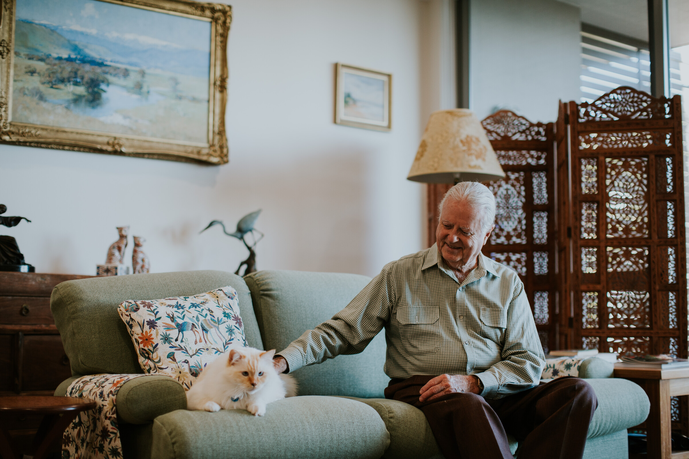 Senior man petting his cat on the couch in pet friendly environment