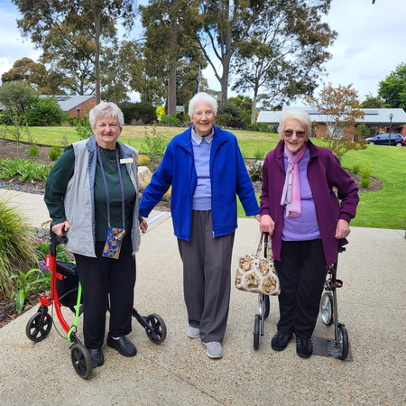 Pat (left), Gwen (middle) and Nancy outside the brand new community centre at Forest Hills