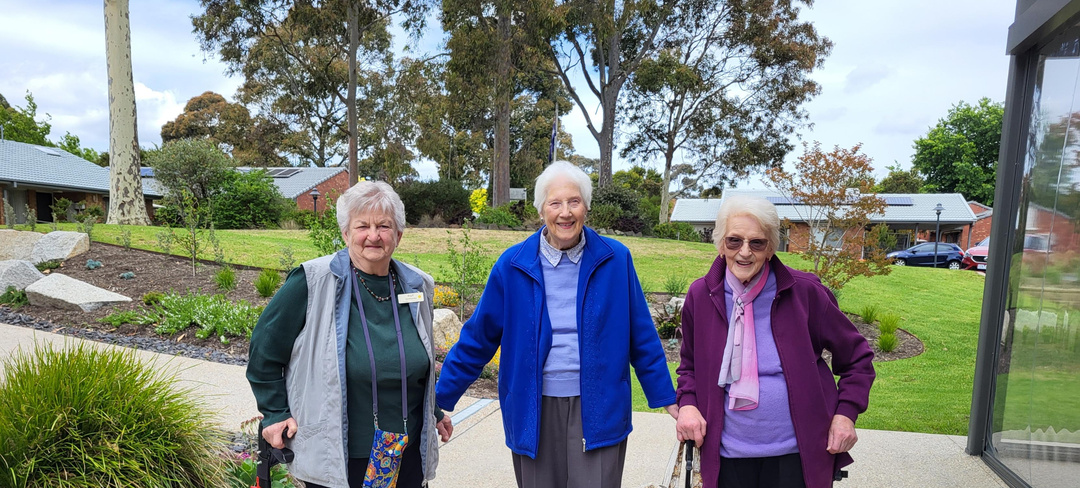 Pat (left), Gwen (middle) and Nancy outside the brand new community centre at Forest Hills