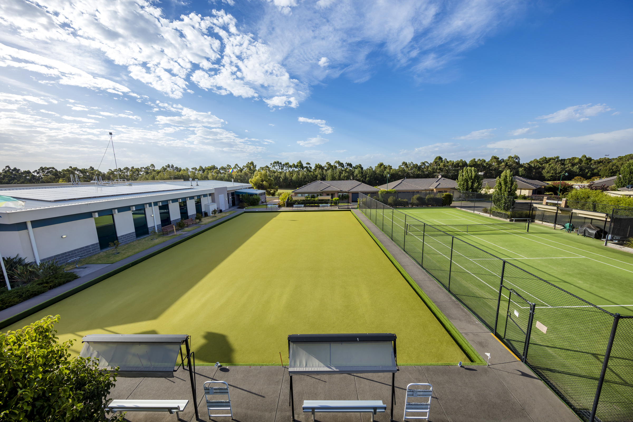 Waterford Park aerial image of bowling green next to tennis court