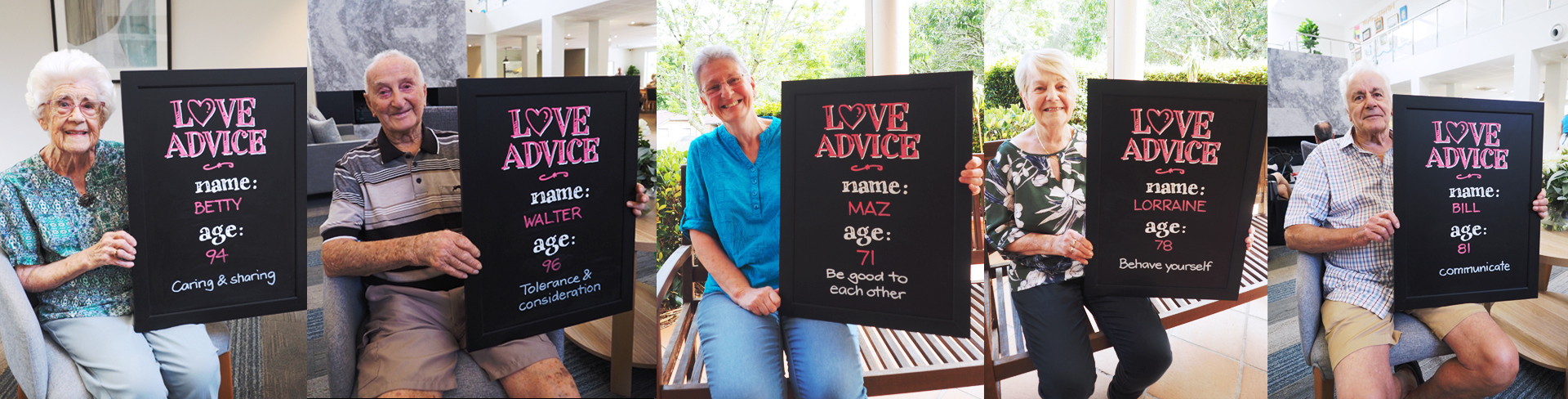 Five residents sitting and holding an A4-sized blackboard each with their name, age and love advice on it.