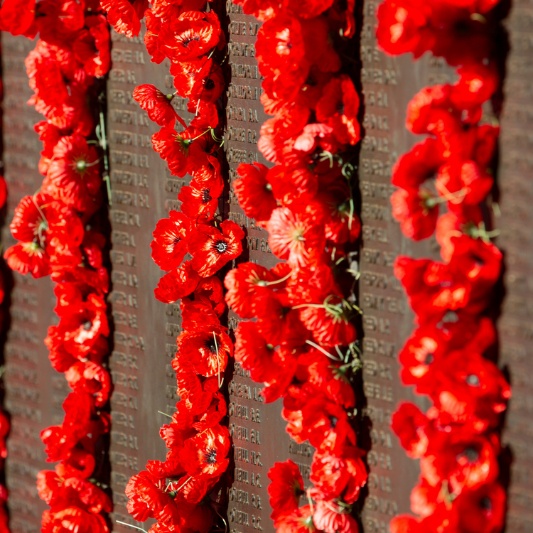 A wall of poppy flowers at a war memorial for ANZAC day