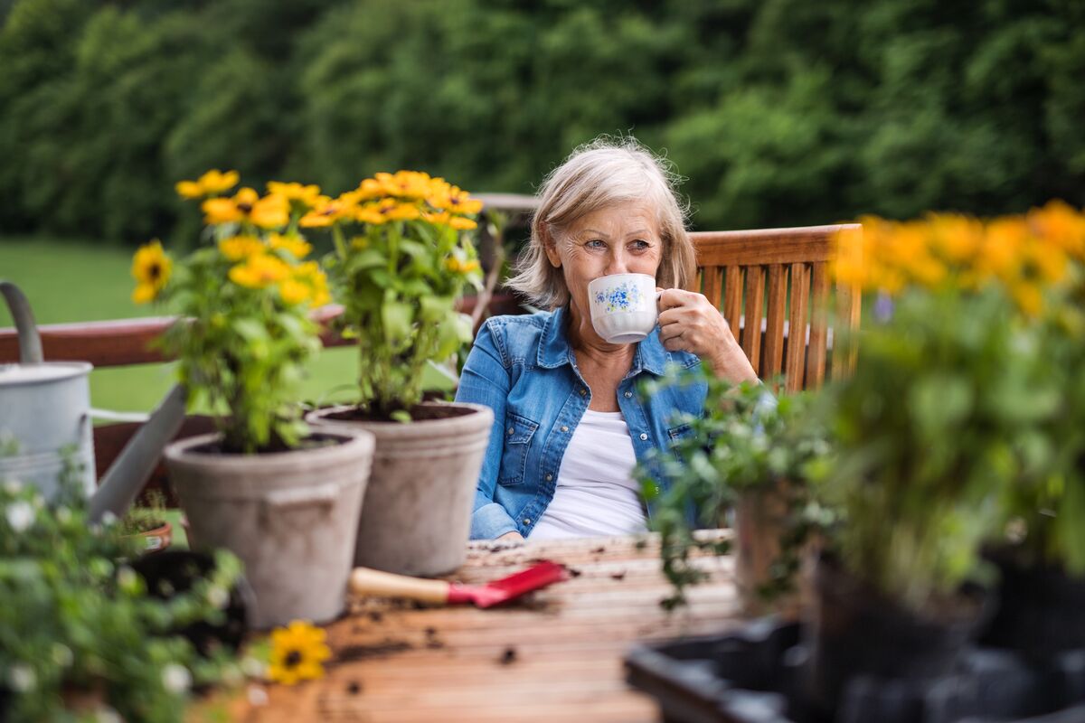 A woman sitting outside at a desk filled with sunflower pots drinking a cup of tea