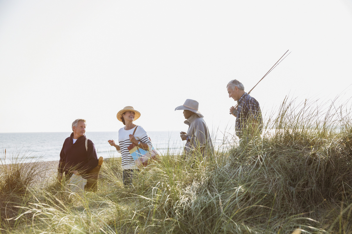A group of four people walking down sand dunes to the beach
