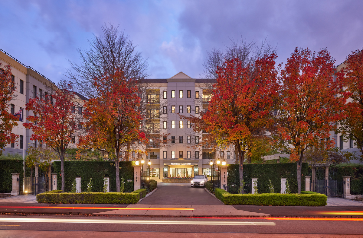 A front shot of the beautiful Menzies Malvern retirement village