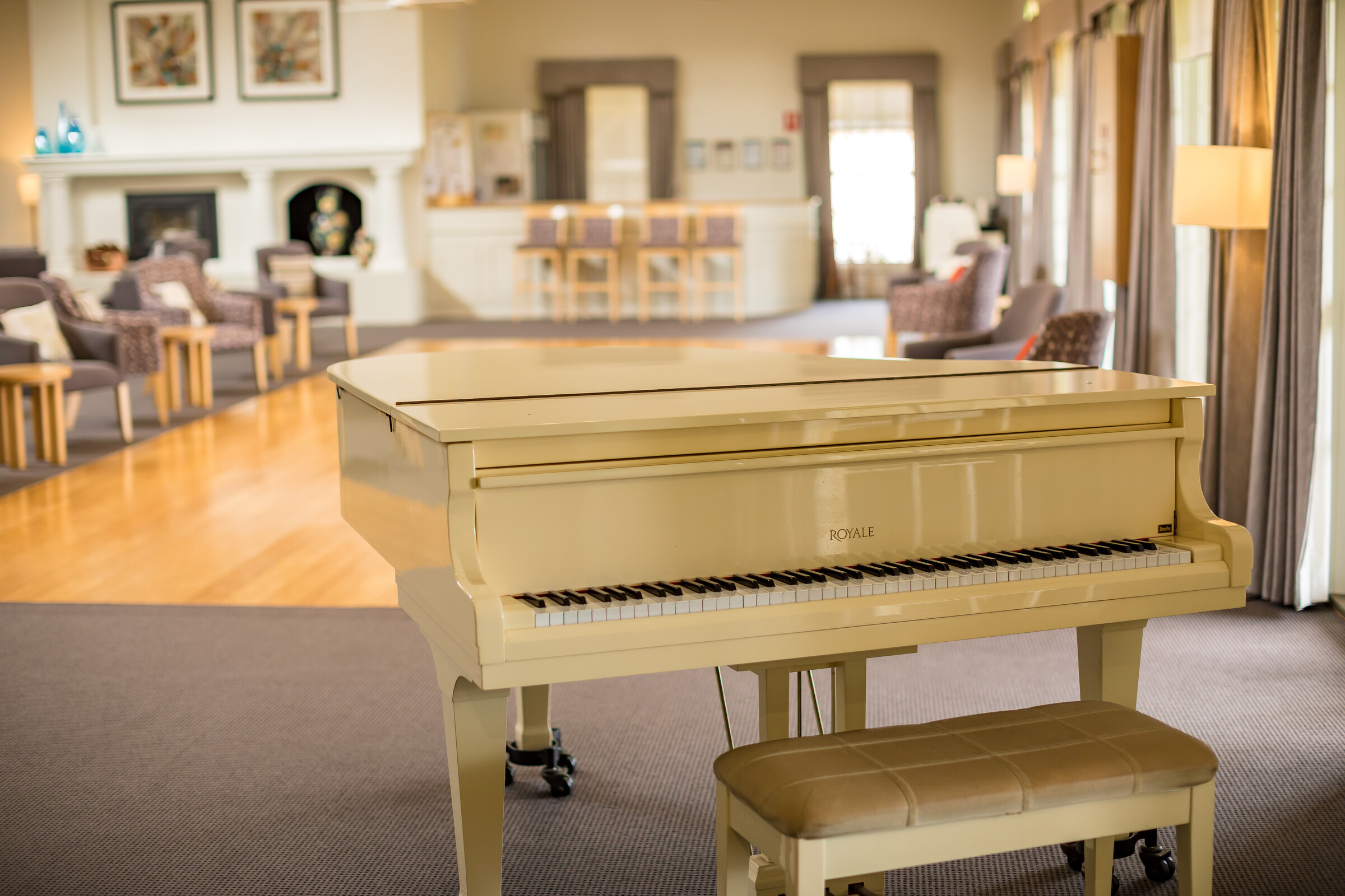 Port Phillip Village piano in dining room and dance floor
