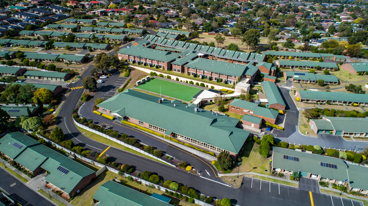 Meadowvale Village aerial image of entire site featuring main building, houses village roads and bowling green