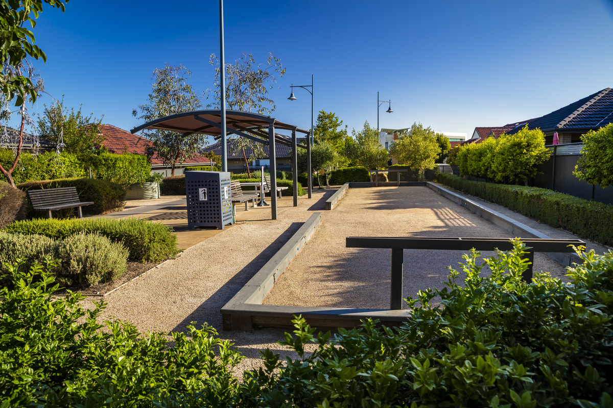 Caesia Gardens petanque court with covered seating