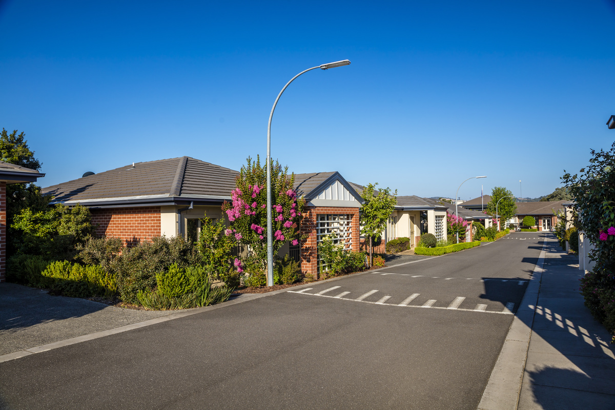 Waverley Country Club village roadway lined with homes, trees, gardens and lamp posts