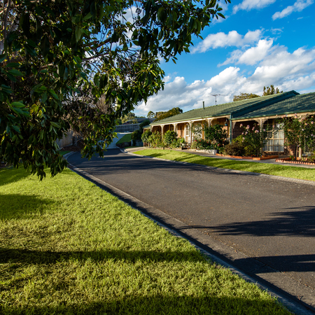 Meadowvale Village road with houses, trees, well kept gardens and grass verge