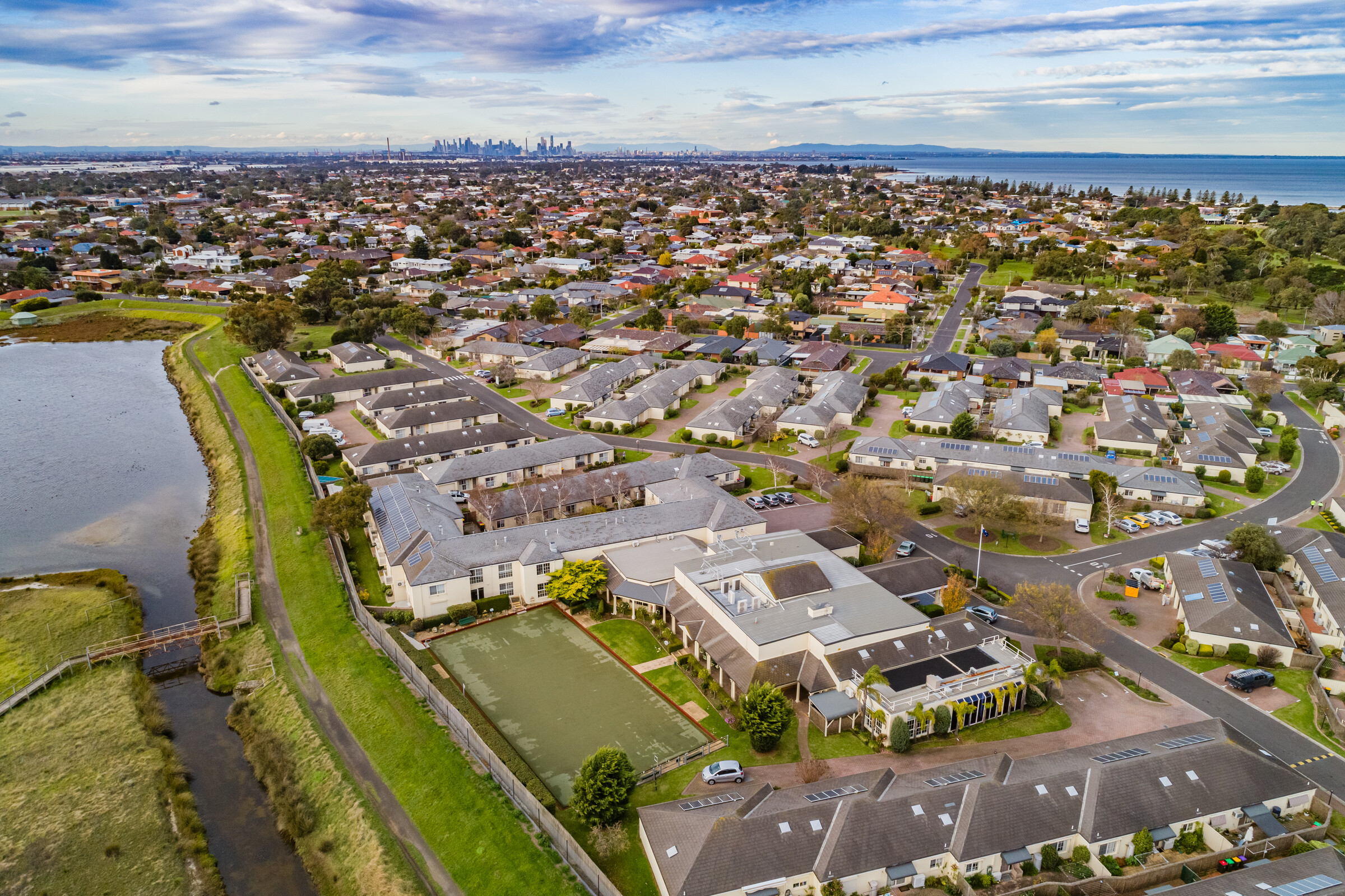 Port Phillip Village aerial image of outside buildings and surrounding district
