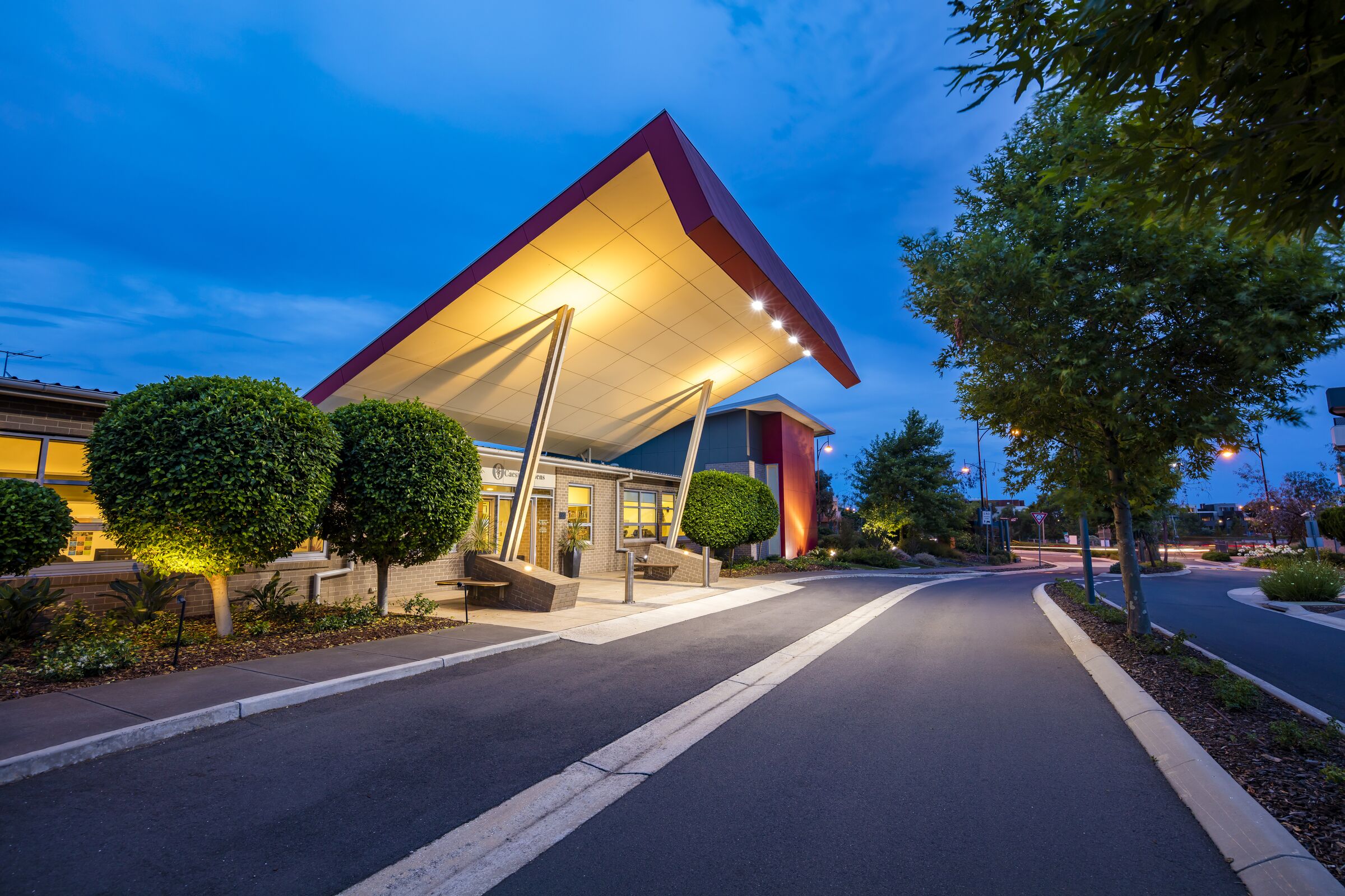 Caesia Gardens well lit main building outside entrance