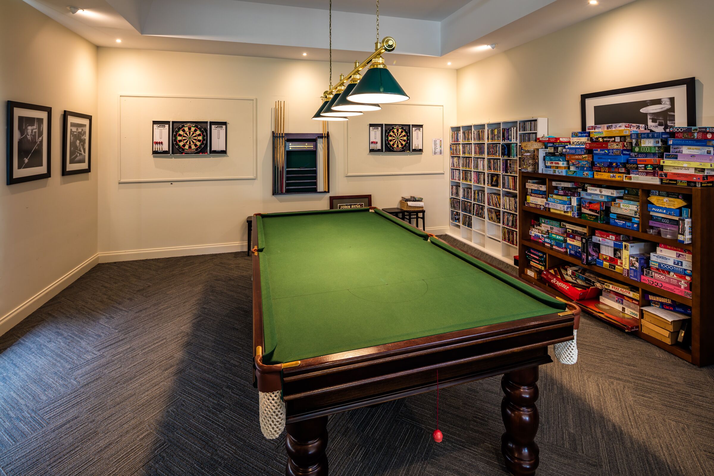 Martha's Point room with pool table, bookshelves, darts board and lots of board games
