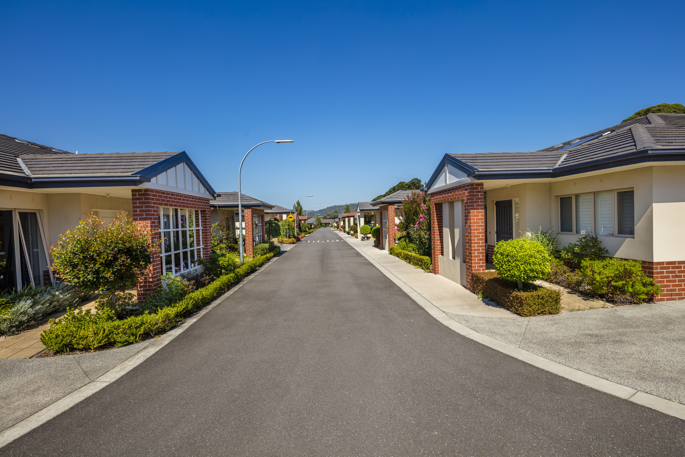 Waverley Country Club village roadway lined with homes, trees, gardens and lamp posts