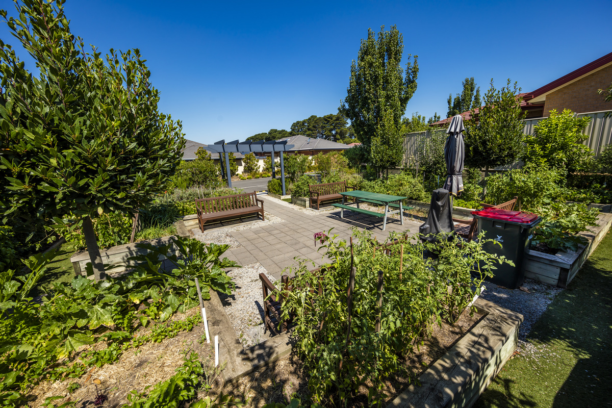 Waverley Country Club raised garden beds with mature trees and seating